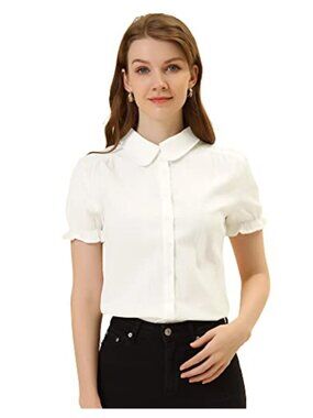 Vintage Cotton Peter Pan Collar Blouse with Bubble Sleeves, Ruffle Trim Button